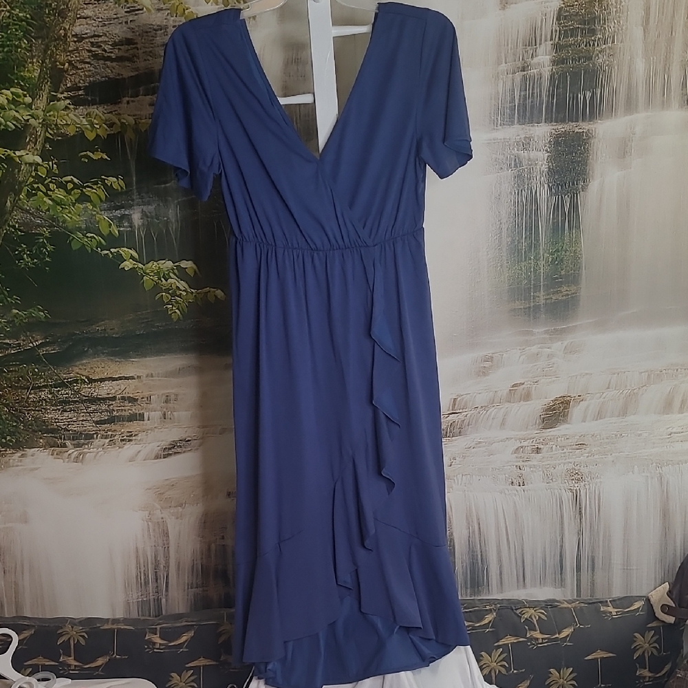 NWT! LaiShen Womens Large Blue Vneck Wrap Ruffle Short Sleeve Dress